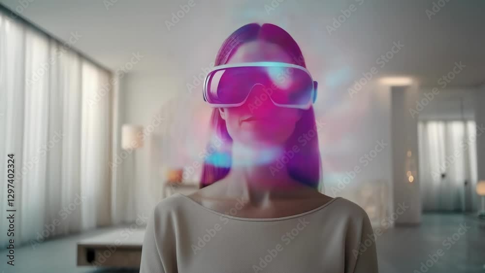 Poster virtual particles and data flow across a woman's face as she explores a digital environment in her m