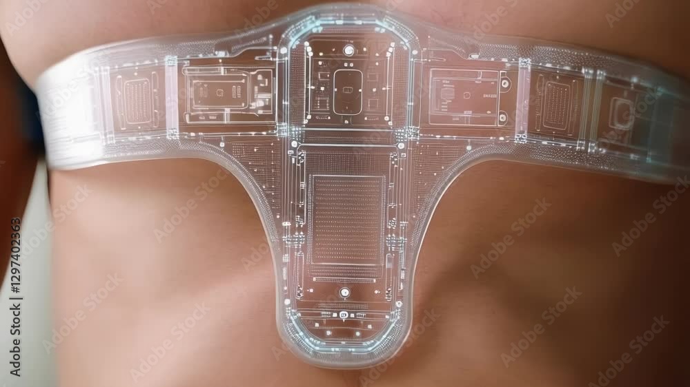 Poster electronic device attached to a patient's chest, displaying vital signs and health data for advanced