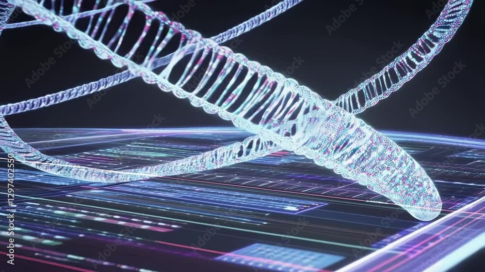 Poster Glowing double helix rotating above digital interface, representing advanced genetic data analysis and molecular research in biotechnology landscape