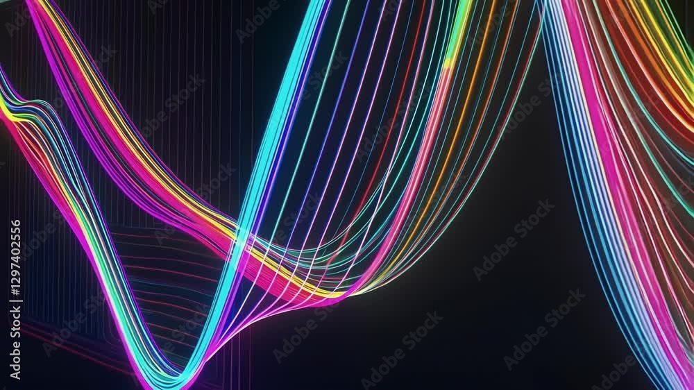 Aufkleber Colorful neon light trails create a mesmerizing visual display, flowing and undulating in a smooth wave motion against a dark backdrop, evoking a sense of energy and rhythm