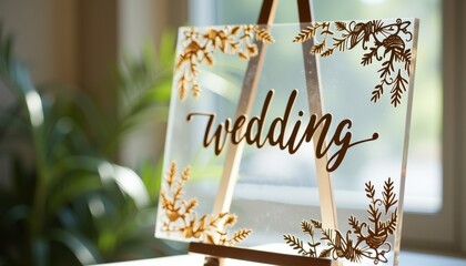  Elegant acrylic wedding sign with gold lettering and floral accents