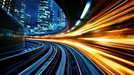 Fototapeta premium Captivating image showcasing the high speed dynamic flow of transportation through a vibrant futuristic cityscape at night The blurred lights and structures create a sense of energy progress