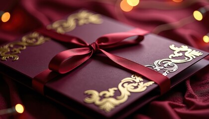 Luxurious burgundy pocket-fold wedding invitation with gold foil details