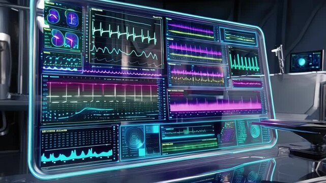 Complex medical data streams across a sleek, futuristic monitor, illuminating a dark, high tech operating room with vibrant colors, suggesting advanced healthcare technology