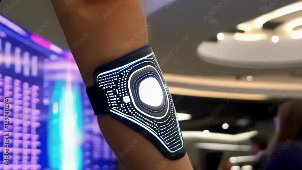 Aufkleber electronic device worn on a woman's forearm, possibly monitoring vital signs and displaying data on 