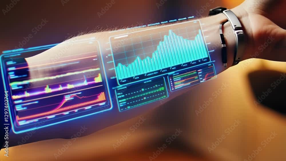 Poster Futuristic technology displays health information via hologram interface projected onto a man's arm, showcasing real time data tracking and analysis