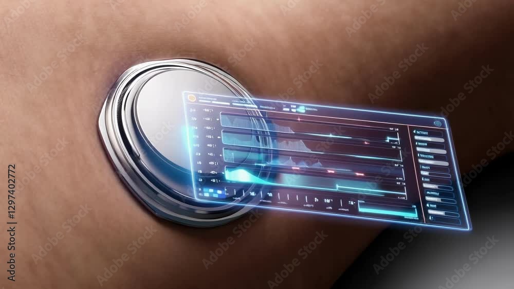 Aufkleber Futuristic round device implanted on skin displaying health data on a transparent holographic screen, providing real time analysis and monitoring