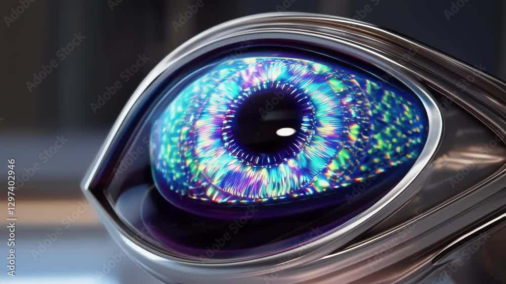 Aufkleber Bionic eye with metallic structure and colorful iris, changing its appearance, revealing a progressive healing or repair, isolated on a white background