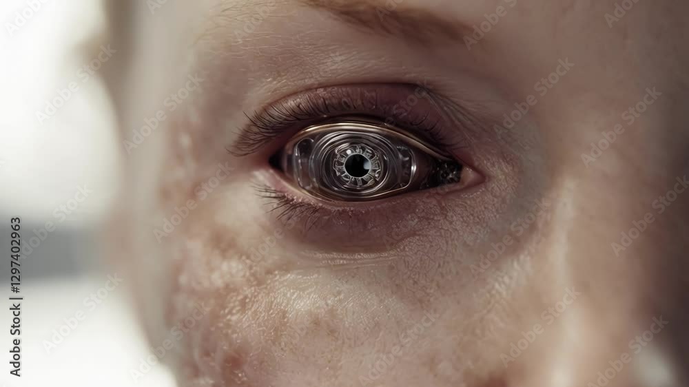 Poster close up montage showcasing the transformation of a human eye with a bionic implant, enhancing visua