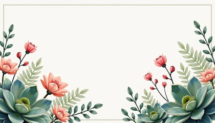  Elegant wedding border with lush succulents and small blooming cacti in soft pastel tones, delicate watercolor design, minimal and stylish frame, airy and romantic composition with copy space