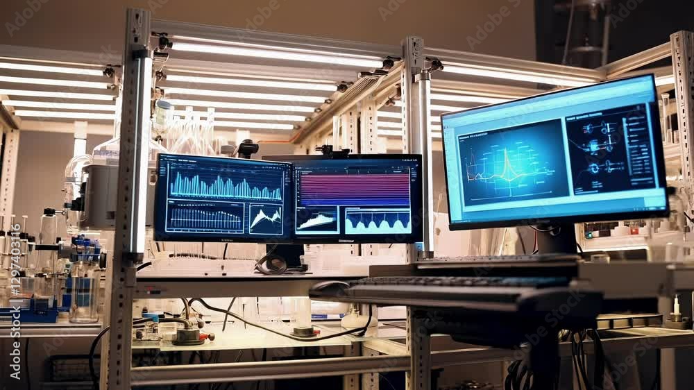 Leinwandbilder Several computer monitors display various graphs and charts, suggesting ongoing data analysis within a modern medical research laboratory setting
