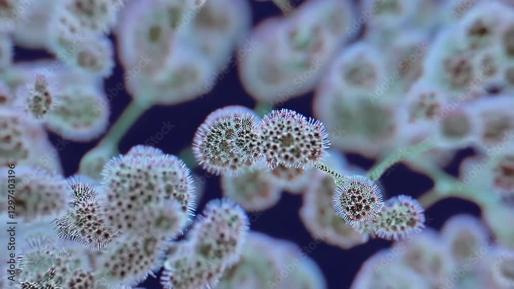 Aufkleber Microscopic organisms, possibly bacteria or viruses, multiply and spread across a dark background, creating a visual representation of infection and disease