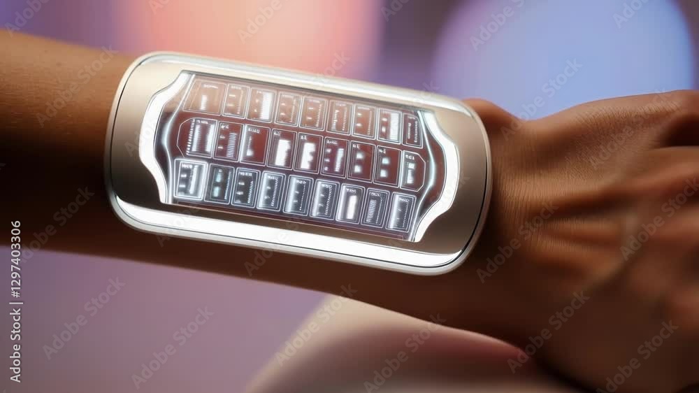 Leinwandbilder transparent digital wristband wrapping around woman's arm, displaying dynamic, glowing data visualiz