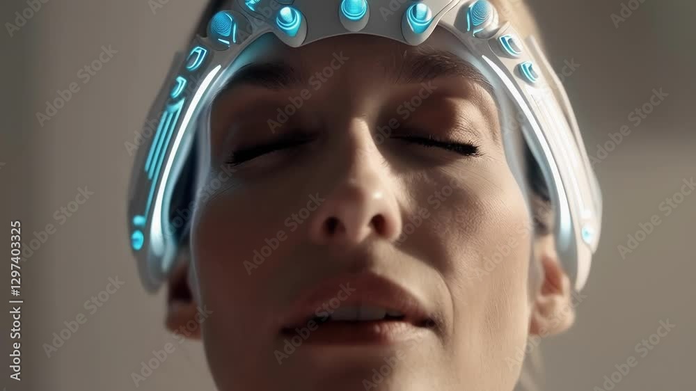 Poster Sleek brainwave reading headset enabling female user to optimize cognitive performance through advanced neurotechnology, stimulating neural regions for mental wellness