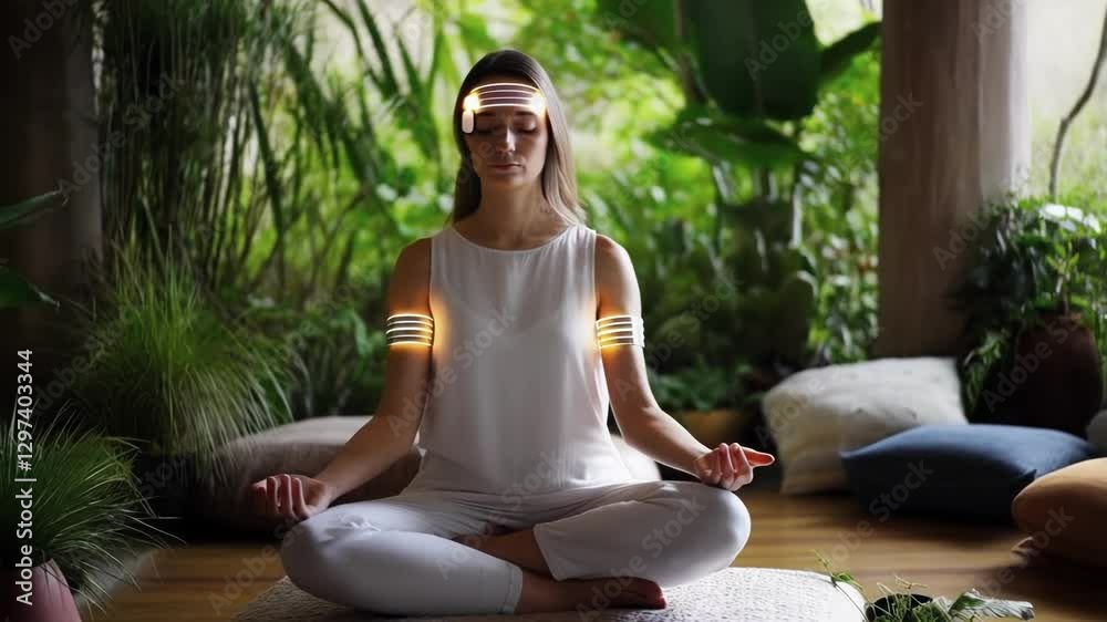 Poster advanced technology interfaces with meditation practice as a woman wearing futuristic sensors on her