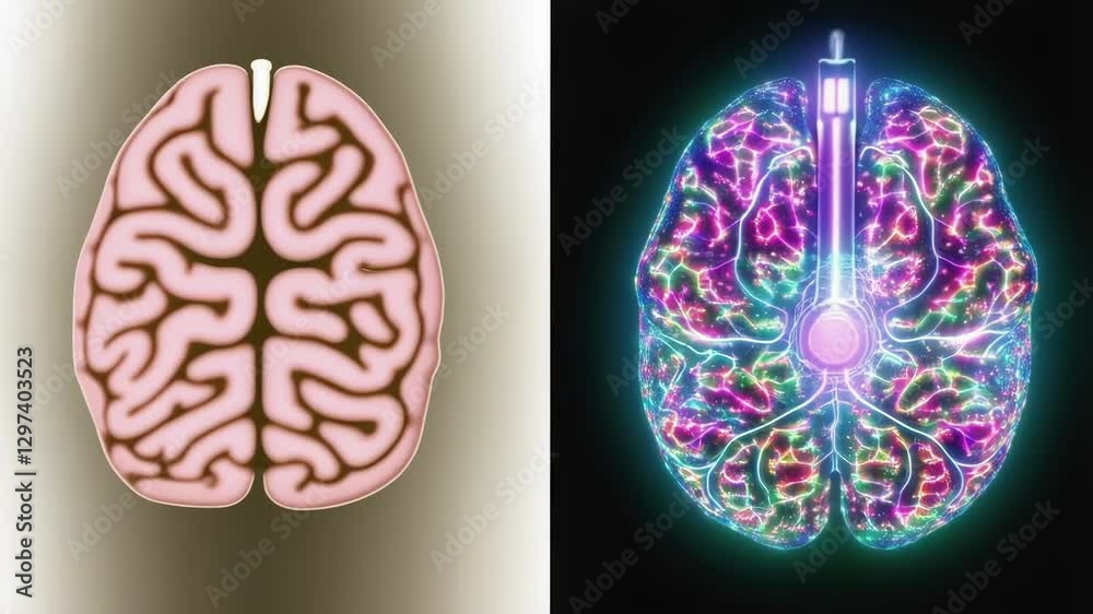 Poster Neural network activity is increasing thanks to a brain stimulation device emitting colorful light pulses, enhancing connections and cognitive functions