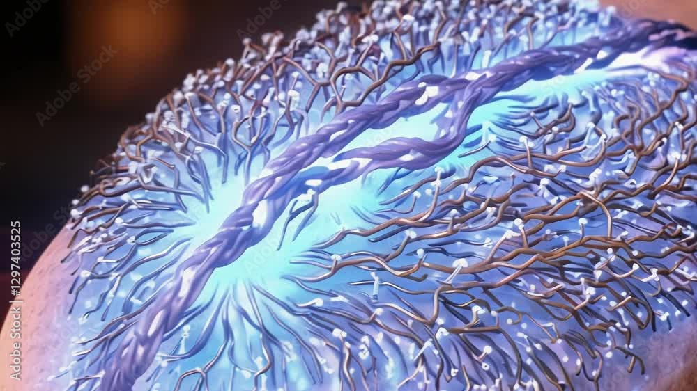 Aufkleber Cellular skin regeneration mechanism highlighting collagen and elastin fibers reconstructing damaged dermal layers, visualizing intricate healing process and skin tissue restoration