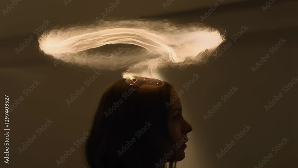 Poster glowing light beams swirling dynamically around woman's head, visualizing advanced neuroscience rese