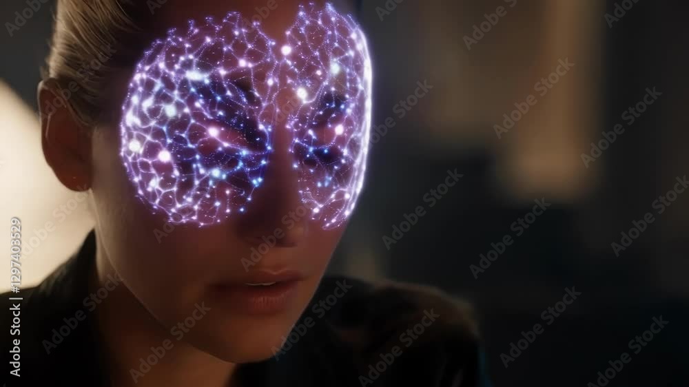 Aufkleber Futuristic medical interface projects glowing brain activity map onto a woman's face, visualizing neural network and cognitive processes in a dark environment