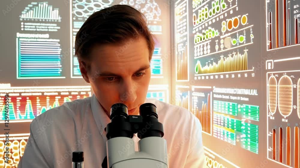 Poster Laboratory scientist carefully examines samples under a microscope, surrounded by a futuristic interface displaying complex data visualizations, suggesting advanced research in a modern setting