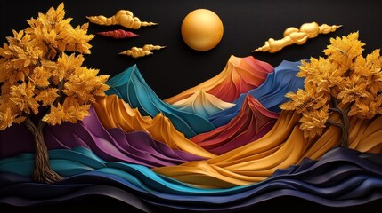 Vibrant layered landscape with golden trees and a sun, showcasing colorful mountains and clouds
