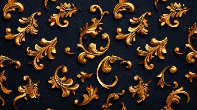 Prestigious Gold Rococo Flourishing Abstract Nature Pattern and Ornament Design with Lavish Curly Leaves Swirls and Floral Arabesque Elements  Luxurious and Opulent Decorative Background