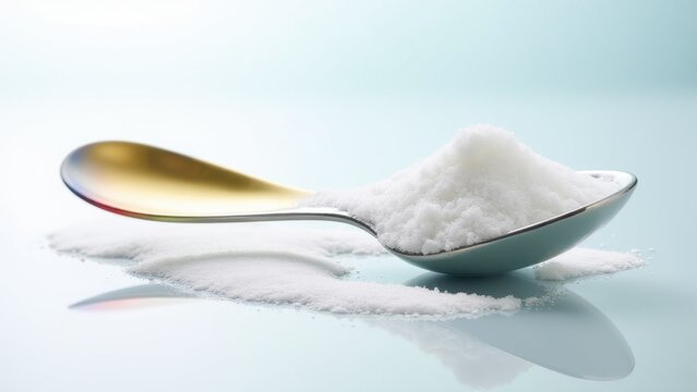 A spoon for sugar with a heap of white sugar on it, and some sugar spilled on the surface.