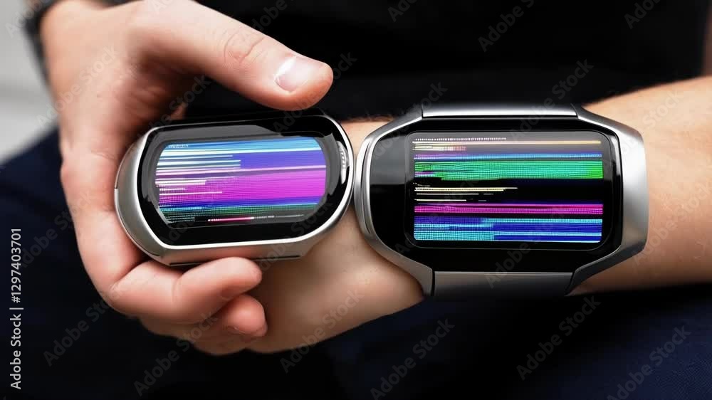 Poster close up of a patient presenting two medical wristbands, potentially showcasing a malfunction or dat