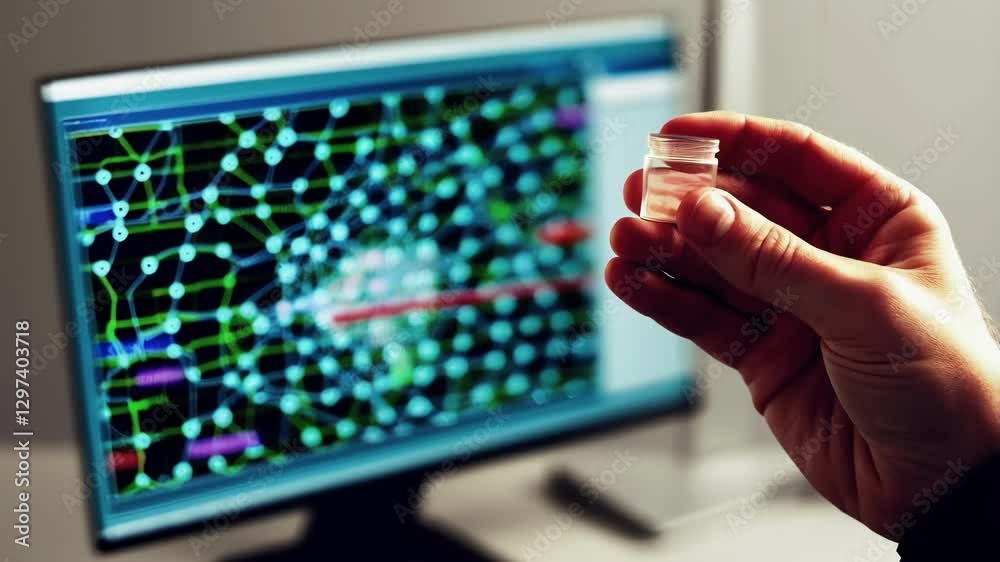 Aufkleber Scientific research involves analyzing network data on a computer screen while holding a medical sample, suggesting a connection between the displayed information and the sample's properties