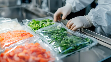 Worker packaging frozen vegetables in factory setting: industrial food preservation process