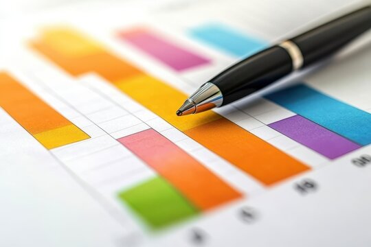 Detailed analysis of a colorful bar graph showcasing data trends alongside a sleek pen for efficient note-taking
