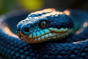 Obraz premium Snake's facial scales glisten in sunlight, revealing blue viper's identity , reptile, nature