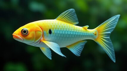 Naklejka premium A vibrant fish with a yellow and white body, blue fins, and a distinctive black spot near its gills swims in a greenish aquatic environment.