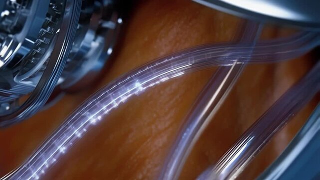 Microscopic nanobots navigating through blood vessels, repairing damaged vein structures using advanced glowing fiber optic technology and precision bioengineering techniques