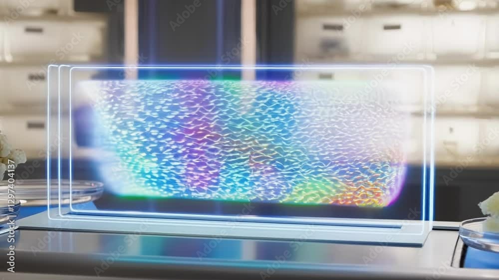 Aufkleber Complex cellular structure evolving inside futuristic holographic display in advanced medical research laboratory, showcasing scientific progress and innovation in healthcare