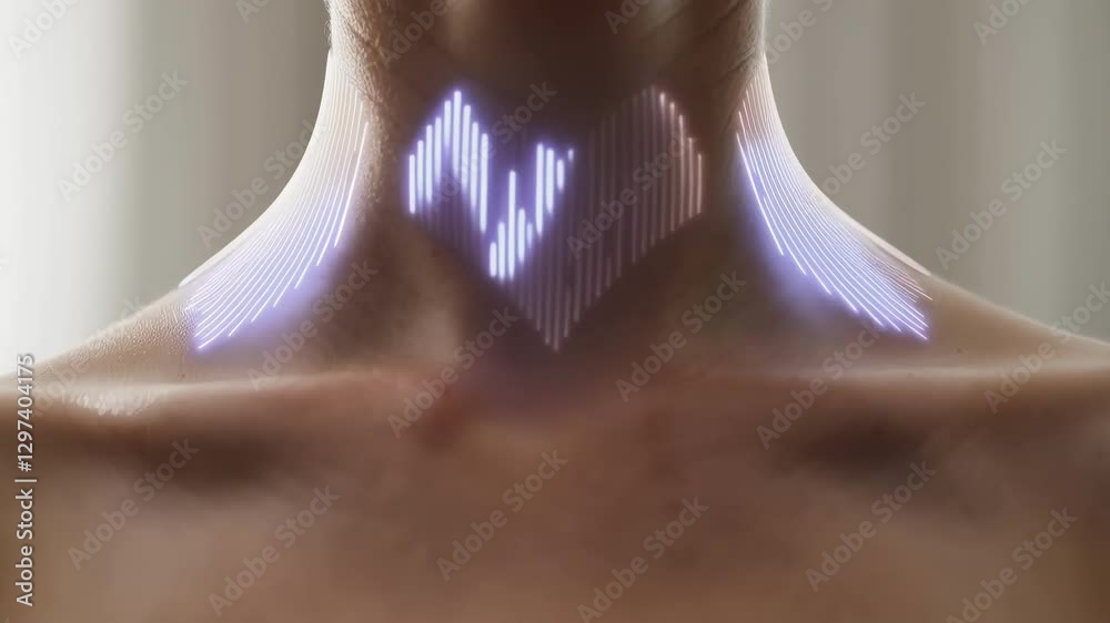 Poster medical animation showing a heartbeat visualization transforming into a soundwave projected on a wom