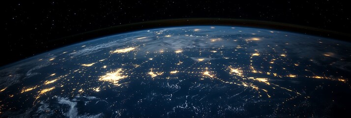 Obraz premium A stunning view of Earth from space, showcasing glowing city lights on its surface, a dark starry sky above, and distant clouds, capturing the beauty of our planet from space.