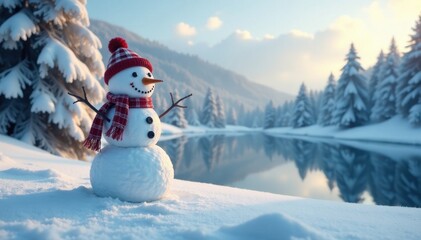 Obraz premium snowman standing alone in winter landscape with snowy trees and frozen lake, frozen lake, snowy landscape