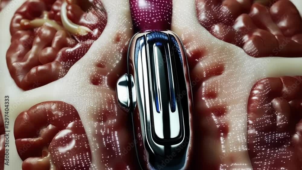 Poster microscopic nanorobot navigates through intricate network of brain, showcasing advanced medical tech