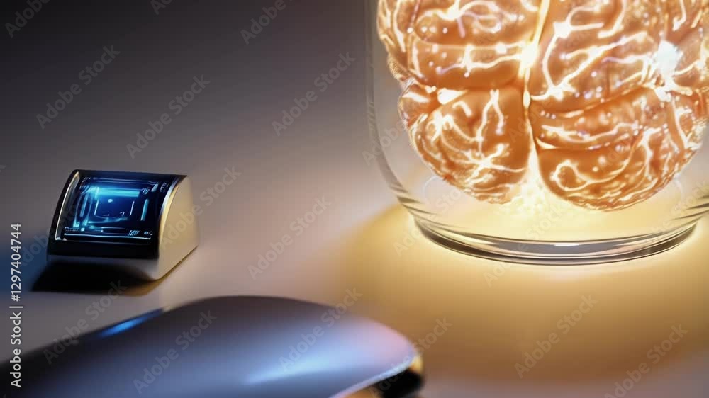 Aufkleber Glowing brain inside a glass jar is connected to a computer mouse and keyboard, suggesting the concept of artificial intelligence, brain computer interfaces, and transhumanism