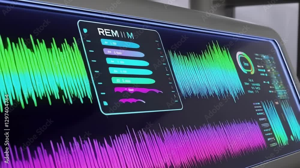 Poster Futuristic rem sleep monitoring system displaying vibrant brainwave activity, providing detailed analysis of sleep stages and patterns for enhanced health insights