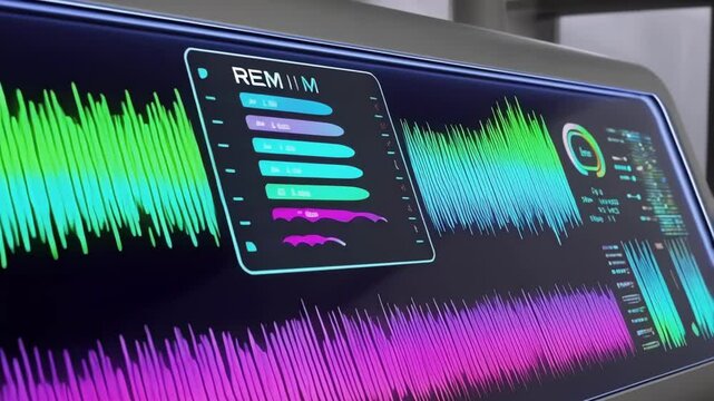 Futuristic rem sleep monitoring system displaying vibrant brainwave activity, providing detailed analysis of sleep stages and patterns for enhanced health insights