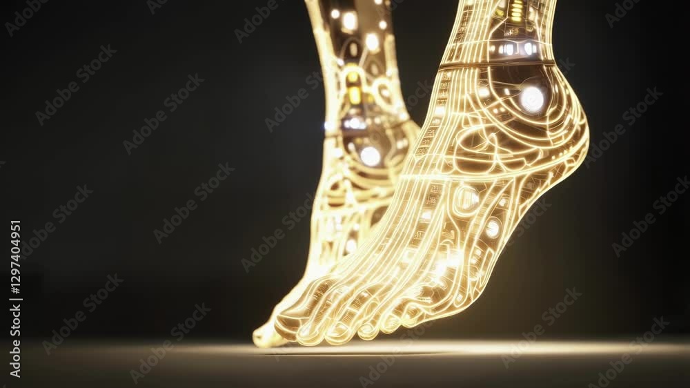 Poster futuristic robotic feet, highlighted with golden circuits, are stepping forward on a dark surface, s