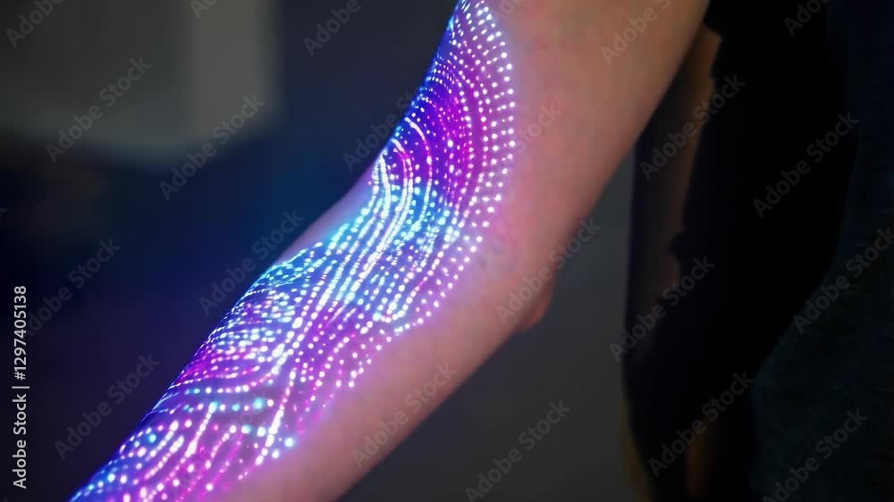 Poster Advanced medical visualization projecting intricate circuit patterns glowing on woman's skin, blending futuristic technology with artistic digital design in innovative healthcare representation