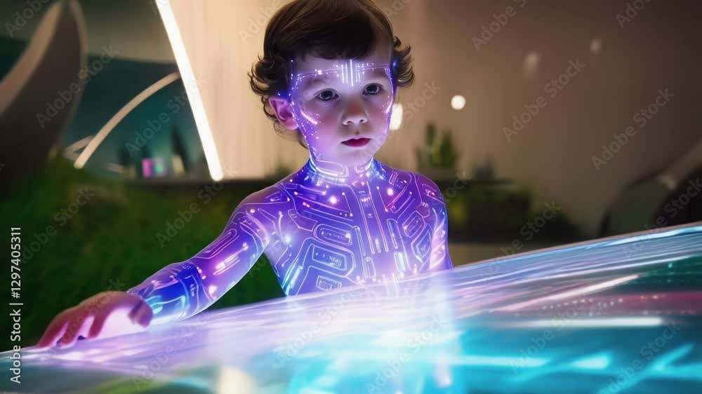 Poster Curious child explores an interactive holographic display, revealing intricate visualizations of health information in a futuristic setting