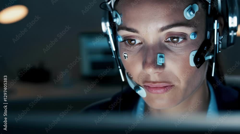 Poster Neuroscience professional wearing electroencephalography headset analyzing complex brainwave data on computer screen within advanced medical research laboratory during late evening hours