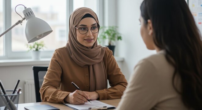 Muslim businesswoman in hijab having a meeting with a client in her office