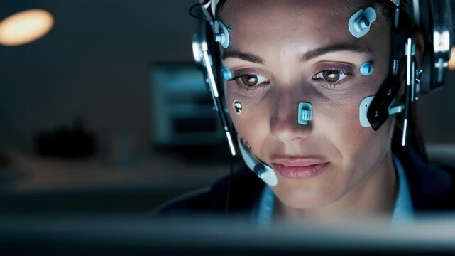 Neuroscience professional wearing electroencephalography headset analyzing complex brainwave data on computer screen within advanced medical research laboratory during late evening hours