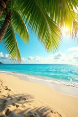 Obraz premium Warm golden sand stretches under swaying palm fronds in a serene ocean setting, sandy shore, palm trees