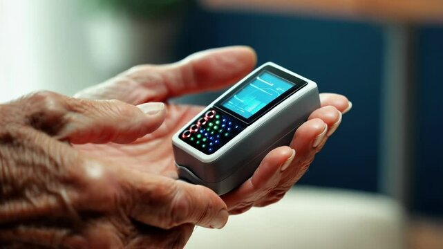 Wrinkled hands gently hold a small. Portable medical device. Its screen displaying vital signs. Indicating a focus on personal health management and remote patient monitoring in a comfortable setting